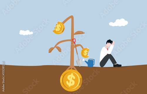 Lose money from business failure, mistake speculation in stock market, cryptocurrecy or other assets concept. Sad businessman sitting on ground for his dead and dying money plant. 