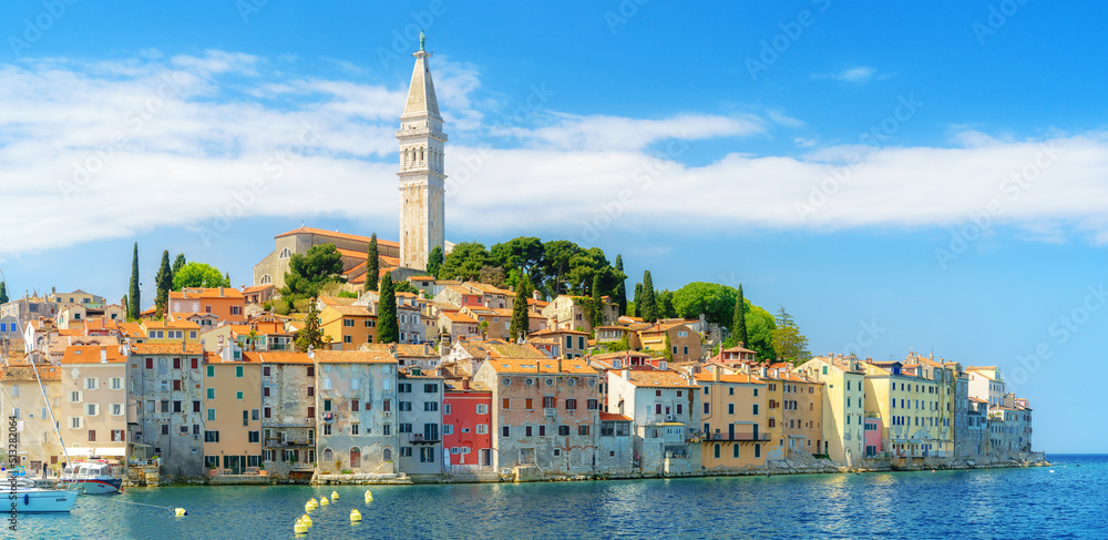 Worth seeing panoramic view of the old town of Rovinj from the sea side. Istria peninsula, Croatia