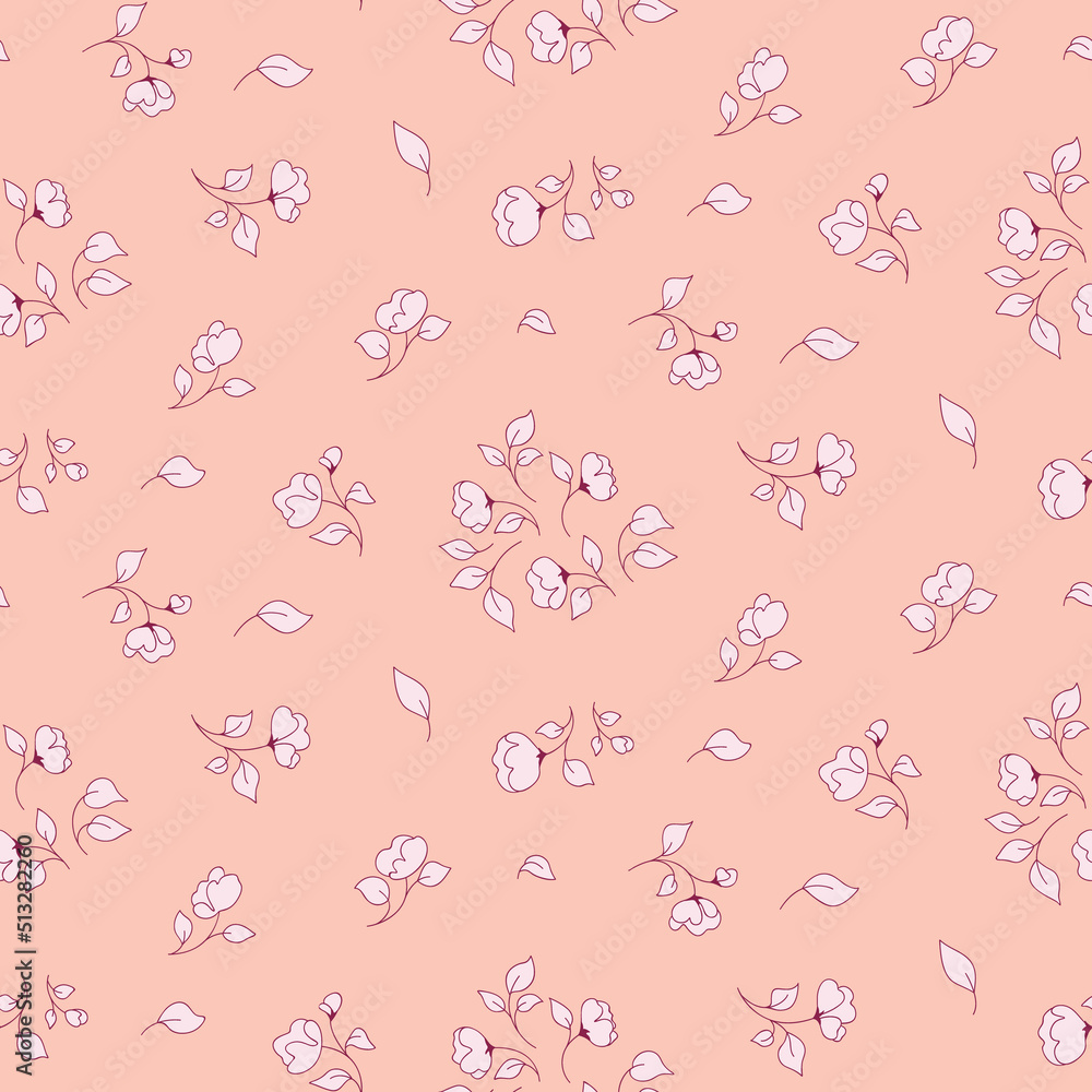 Seamless floral pattern, romantic ditsy print with small cute flowers on a pink field. Liberty botanical background with tiny outline plants, flowers, leaves on thin twigs. Vector illustration.