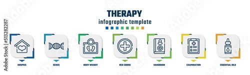 therapy concept infographic design template. included hospice, genes, body weight, red cross, handbook, examination, essential oils icons and 7 option or steps.