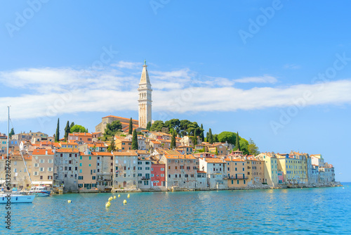 Panoramic view on old town Rovinj from harbor. Istria peninsula, Croatia