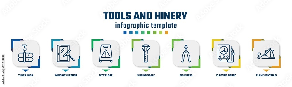 tools and hinery concept infographic design template. included tubes hook, window cleaner, wet floor, sliding scale, big pliers, electric gauge, plane controls icons and 7 option or steps.