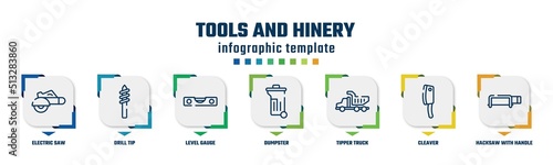 tools and hinery concept infographic design template. included electric saw, drill tip, level gauge, dumpster, tipper truck, cleaver, hacksaw with handle icons and 7 option or steps.
