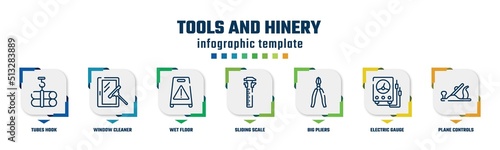 tools and hinery concept infographic design template. included tubes hook, window cleaner, wet floor, sliding scale, big pliers, electric gauge, plane controls icons and 7 option or steps.