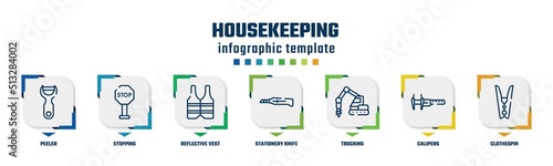 housekeeping concept infographic design template. included peeler, stopping, reflective vest, stationery knife, trucking, calipers, clothespin icons and 7 option or steps.