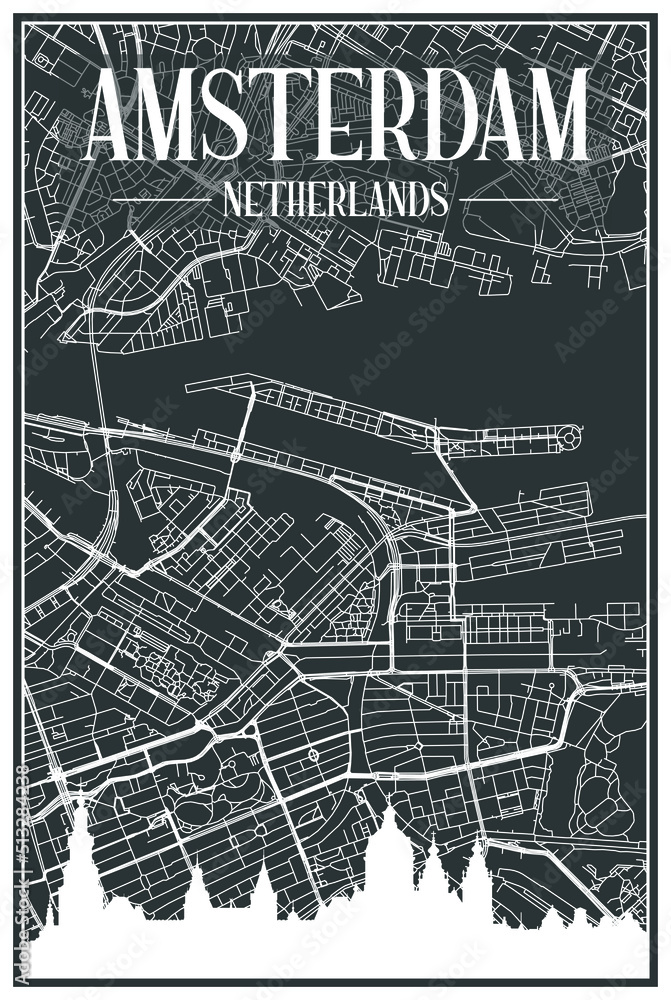 Dark printout city poster with panoramic skyline and hand-drawn streets network on dark gray background of the downtown AMSTERDAM, NETHERLANDS