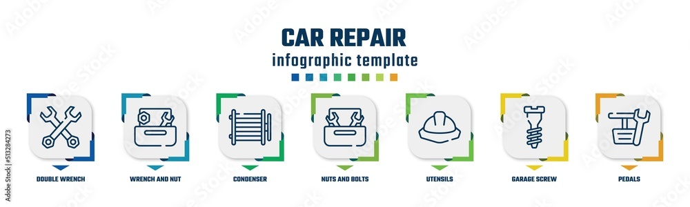 car repair concept infographic design template. included double wrench, wrench and nut, condenser, nuts and bolts, utensils, garage screw, pedals icons and 7 option or steps.
