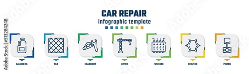 car repair concept infographic design template. included gallon oil, tile, headlight, lifter, fuse box, benzene, piston icons and 7 option or steps.