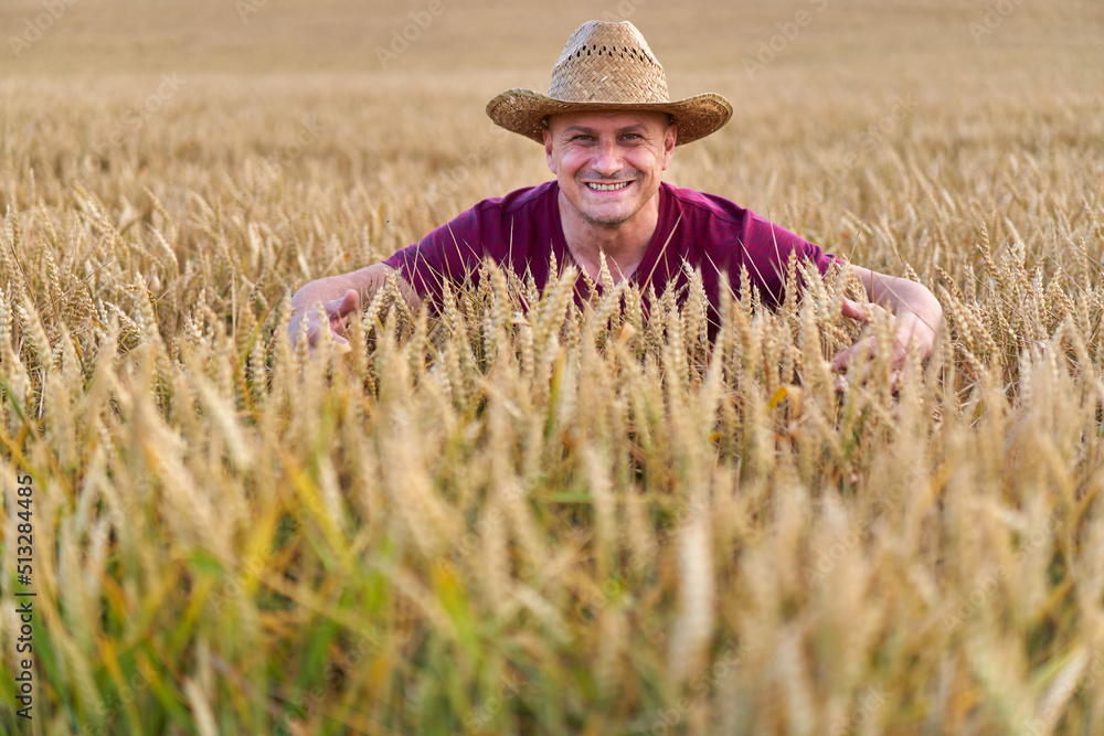 Farmer with straw hat in a wheat field Farmer with straw hat in a wheat field