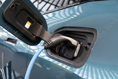 Εκτύπωση καμβά Close up of electric car inlet with a connected charging cable