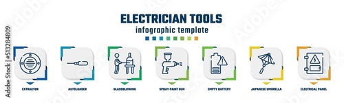 electrician tools concept infographic design template. included extractor, autoloader, glassblowing, spray paint gun, empty battery, japanese umbrella, electrical panel icons and 7 option or steps.