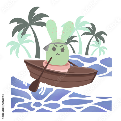 Go on a summer vacation while enjoying boating. Cute cactus cartoon enjoying the holidays. Summer illustration decorated on white background. Cute style design for cards, posters, all printing.