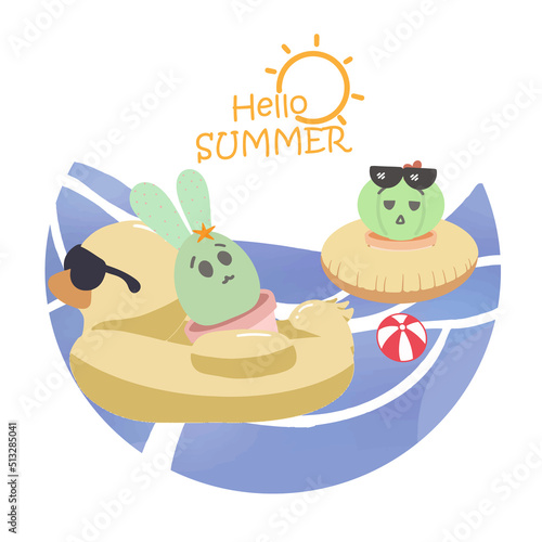 Go on a summer vacation while having fun in swimming. Cute cactus cartoon enjoying the holidays. Summer illustration decorated on white background. Cute style design for cards  posters  all printing.