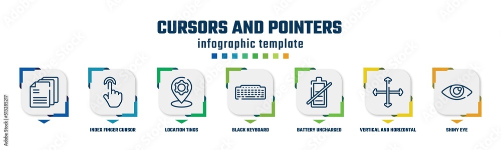 cursors and pointers concept infographic design template. included , index finger cursor, location tings, black keyboard, battery uncharged, vertical and horizontal arrows, shiny eye icons and 7