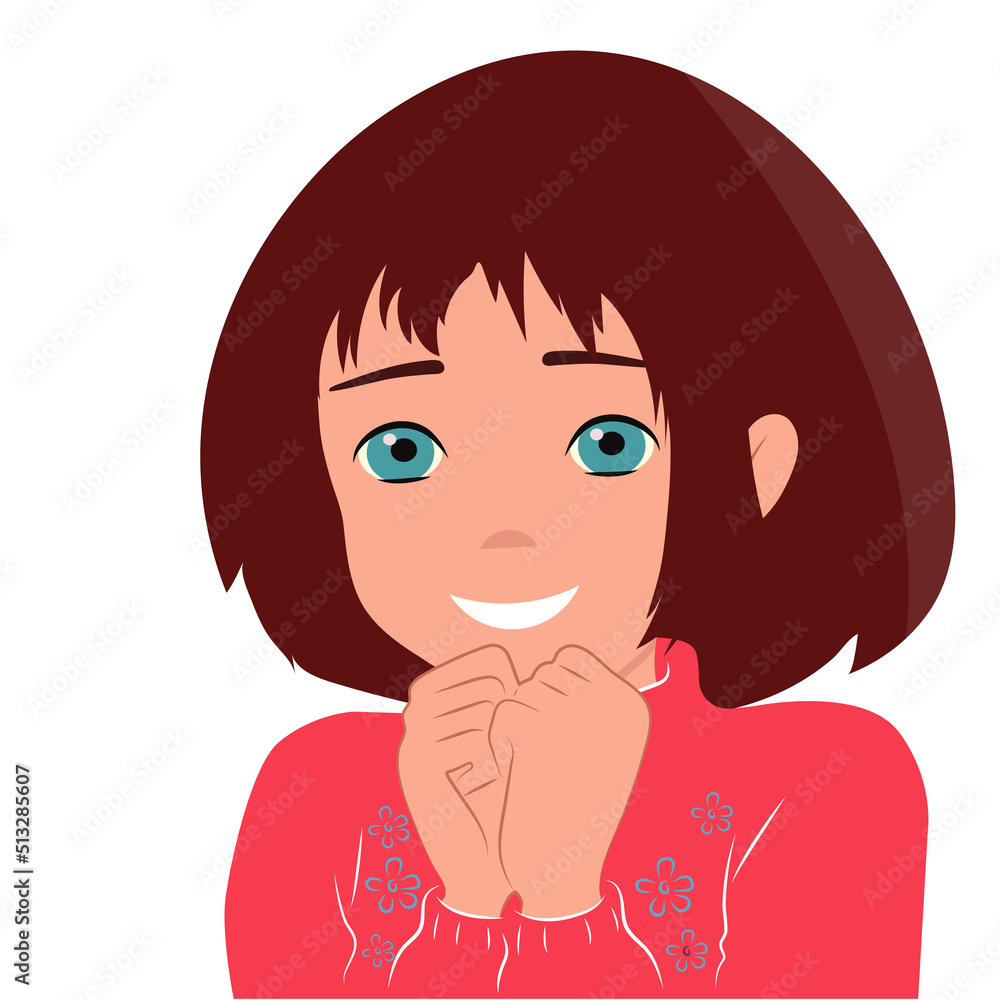 The little girl expresses joy by folding her hands together. Child's feelings and emotions The little girl expresses joy by folding her hands together. Child's feelings and emotions