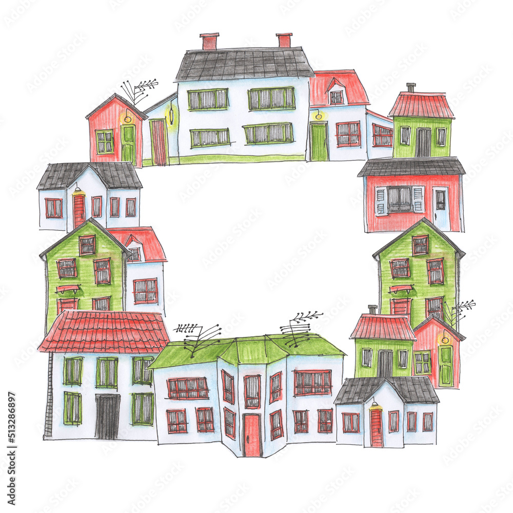 Frame of watercolor houses on a white background