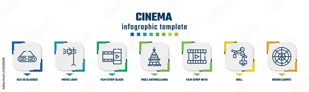 cinema concept infographic design template. included old 3d glasses, movie light, film strip black, mole antonelliana in turin, film strip with play triangle, null, round carpet icons and 7 option
