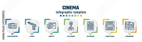 cinema concept infographic design template. included slide projector, hitman, subtitle, film award, film poster, freeze frame, storyboard icons and 7 option or steps.