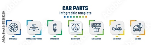 car parts concept infographic design template. included car hubcap, car rear-view mirror, silencer, ammeter, manifold, exhaust, lock icons and 7 option or steps.