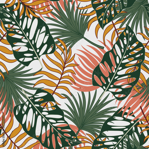 Fashionable seamless tropical pattern with bright plants and leaves on a gray background. Exotic jungle wallpaper. Beautiful print with hand drawn exotic plants.