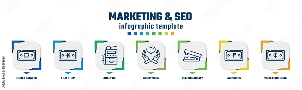 marketing & seo concept infographic design template. included money growth, film strip, analytic, anonymous, responsability, launching, viral marketing icons and 7 option or steps.