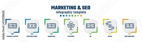 marketing & seo concept infographic design template. included security payment, mechanic stairs, workplace, statement, on, graph, root directory icons and 7 option or steps.