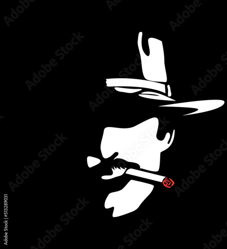 Chicago and Britain gangster mafia. Mysterious silhouette face of a man in a hat who smokes a cigar. Portrait for poster idea. Italian mafia.