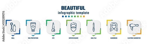 beautiful concept infographic design template. included null, sun protection, eye, hipster beard, nail file, hairdress, electric hairdryer icons and 7 option or steps.