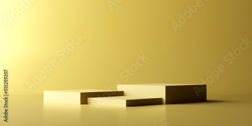 Luxury Yellow  Podium  product stand. Blank Exhibition stage or empty product shelf. 3D rendering.