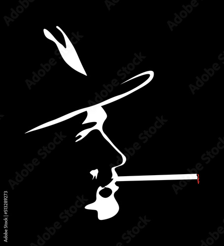 Chicago and Britain gangster mafia. Mysterious silhouette face of a man in a hat who smokes a cigar. Portrait for poster idea. Italian mafia.