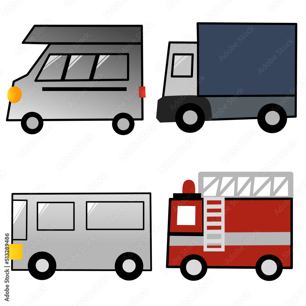 vector graphic illustration of a set of car type icons, including boxcars, fire trucks, buses and sedans