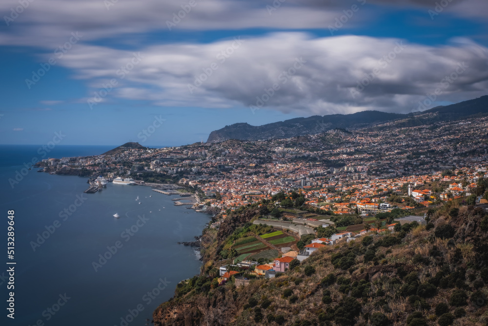 Panoramic view over Funchal, from Miradouro das Neves viewpoint, Madeira island, Portugal. October 2021. Long exposure picture