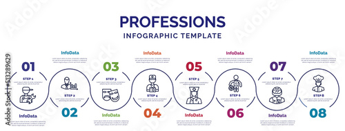 infographic template with icons and 8 options or steps. infographic for professions concept. included plumber, actor, photographer, physician assistant, basketball player, racer, chef icons.