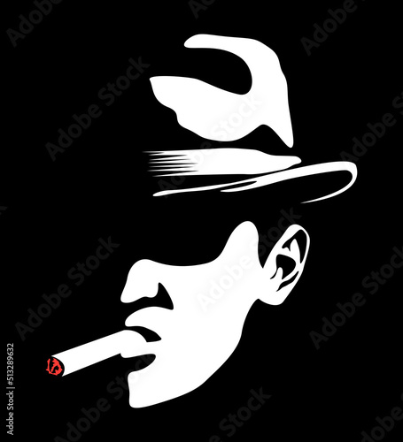 Chicago and Britain gangster mafia. Mysterious silhouette face of a man in a hat who smokes a cigar. Portrait for poster idea. Italian mafia.