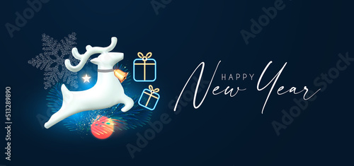 Merry Christmas and Happy New Year Holiday background with jumping deer, neon gift box, fir tree branch, bokeh effect and lights