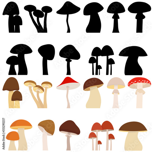mushrooms set silhouette on white background, isolated