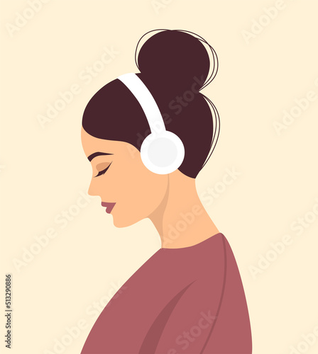 Young woman with closed eyes in headphones listening to music. Side view portrait. Vector illustration in flat style