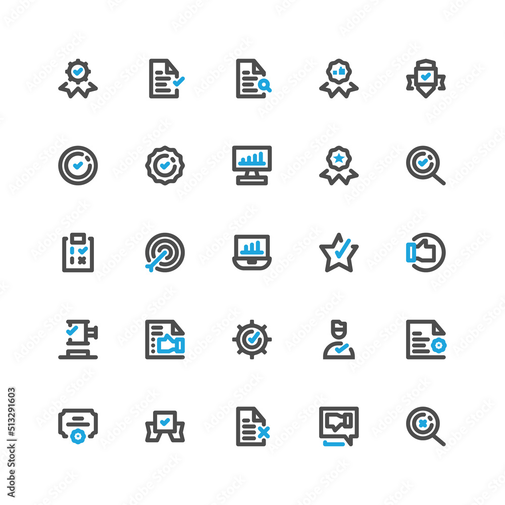 business quality standards and requirements vector icon set pack in dual tone style