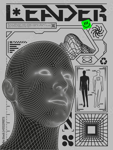 Poster low poly head, 3d human face mesh structure. In futuristic style, with techno design elements, print for a clothing brand, t-shirts, hoodies, banners