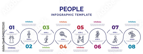 infographic template with icons and 8 options or steps. infographic for people concept. included women dress, ski stick man, recruit, man shaving, give a piggy back ride, sweeping person, salesman