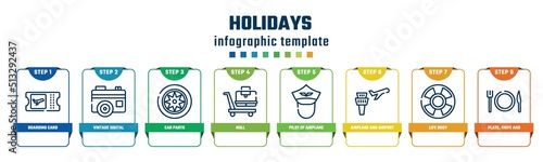holidays concept infographic design template. included boarding card, vintage digital photo camera, car parts, null, pilot of airplane, airplane and airport tower, life bouy, plate, knife and fork