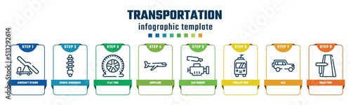 transportation concept infographic design template. included aircraft stairs, shock absorber, flat tire, airplane, car engine, trolley bus, 4x4, road trip icons and 8 options or steps.