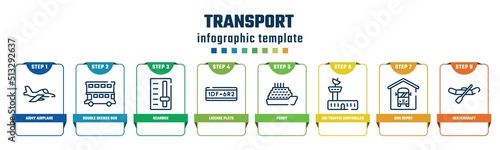 transport concept infographic design template. included army airplane, double decker bus, gearbox, license plate, ferry, air traffic controller, bus depot, watercraft icons and 8 options or steps.