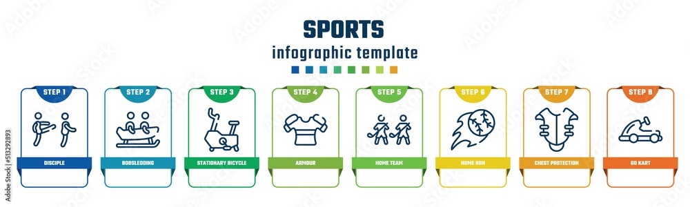 sports concept infographic design template. included disciple, bobsledding, stationary bicycle, armour, home team, home run, chest protection, go kart icons and 8 options or steps. sports concept infographic design template. included disciple, bobsledding, stationary bicycle, armour, home team, home run, chest protection, go kart icons and 8 options or steps.