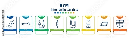 gym concept infographic design template. included paralympics, ez bar, substitution, fitness watch, steroids, sport wear, race track, abs icons and 8 options or steps.