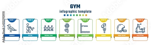 gym concept infographic design template. included seagulls, batter, football team, yoga pose, diving board, crocket, rugby helmet, gym station icons and 8 options or steps.