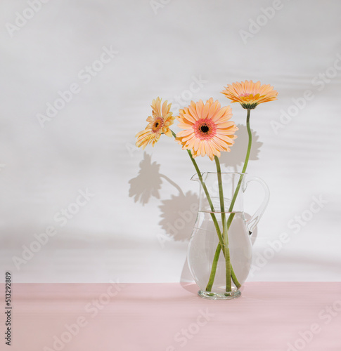 Three Gerbera Daisies in glass carafe or pitcher against pastel pink background. Romantic floral concept. Creative composition of summer flowers.