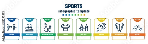 sports concept infographic design template. included disciple, bobsledding, stationary bicycle, armour, home team, home run, chest protection, go kart icons and 8 options or steps.
