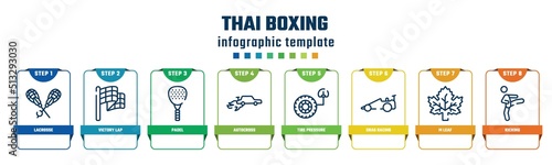 thai boxing concept infographic design template. included lacrosse, victory lap, padel, autocross, tire pressure, drag racing, m leaf, kicking icons and 8 options or steps.