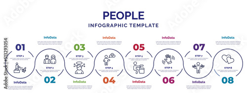 infographic template with icons and 8 options or steps. infographic for people concept. included man pushing child, boy angel head, man thinking about love, criminal heist, slap, biceps of a man,